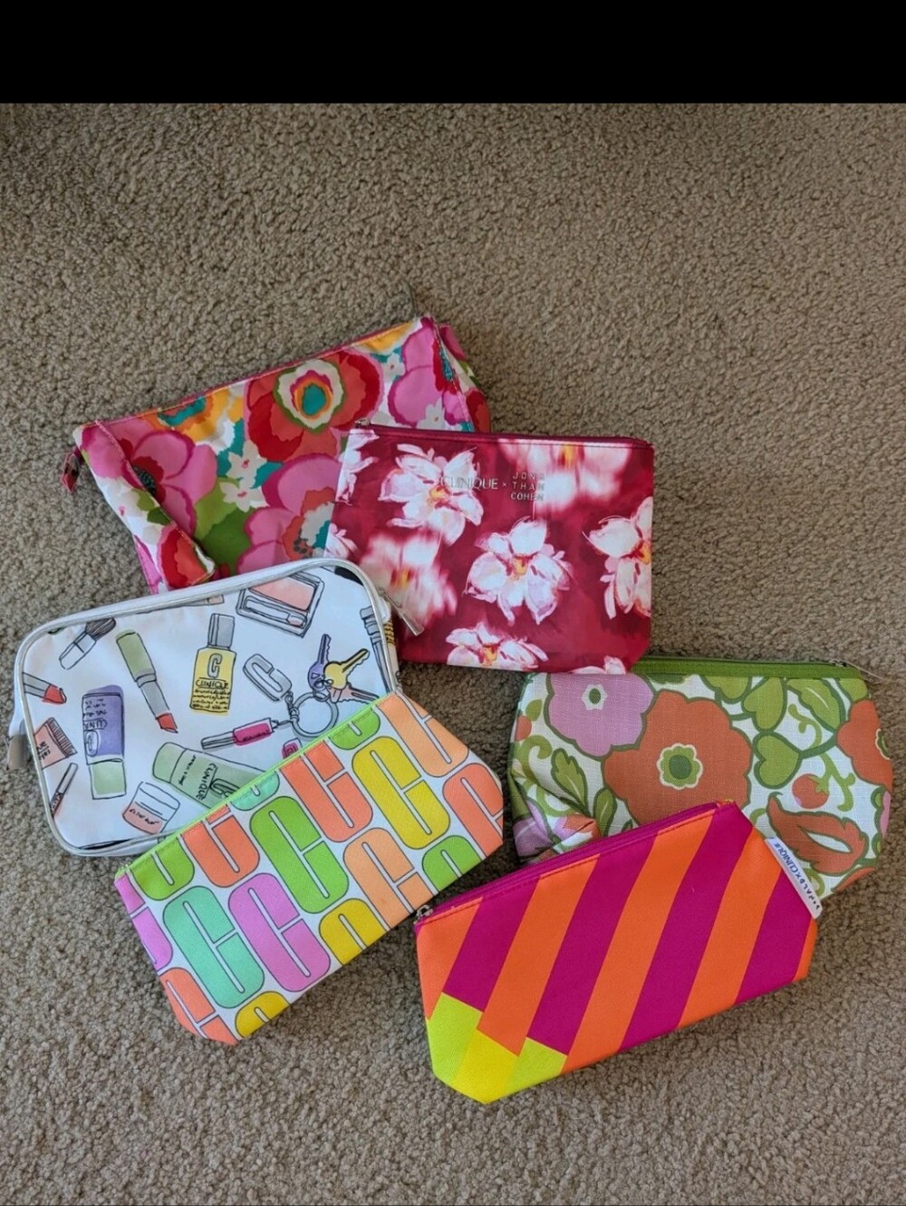 Set Of Six Brand New Clinique Makeup Cosmetic Pouches - Bright Multi-Color Set